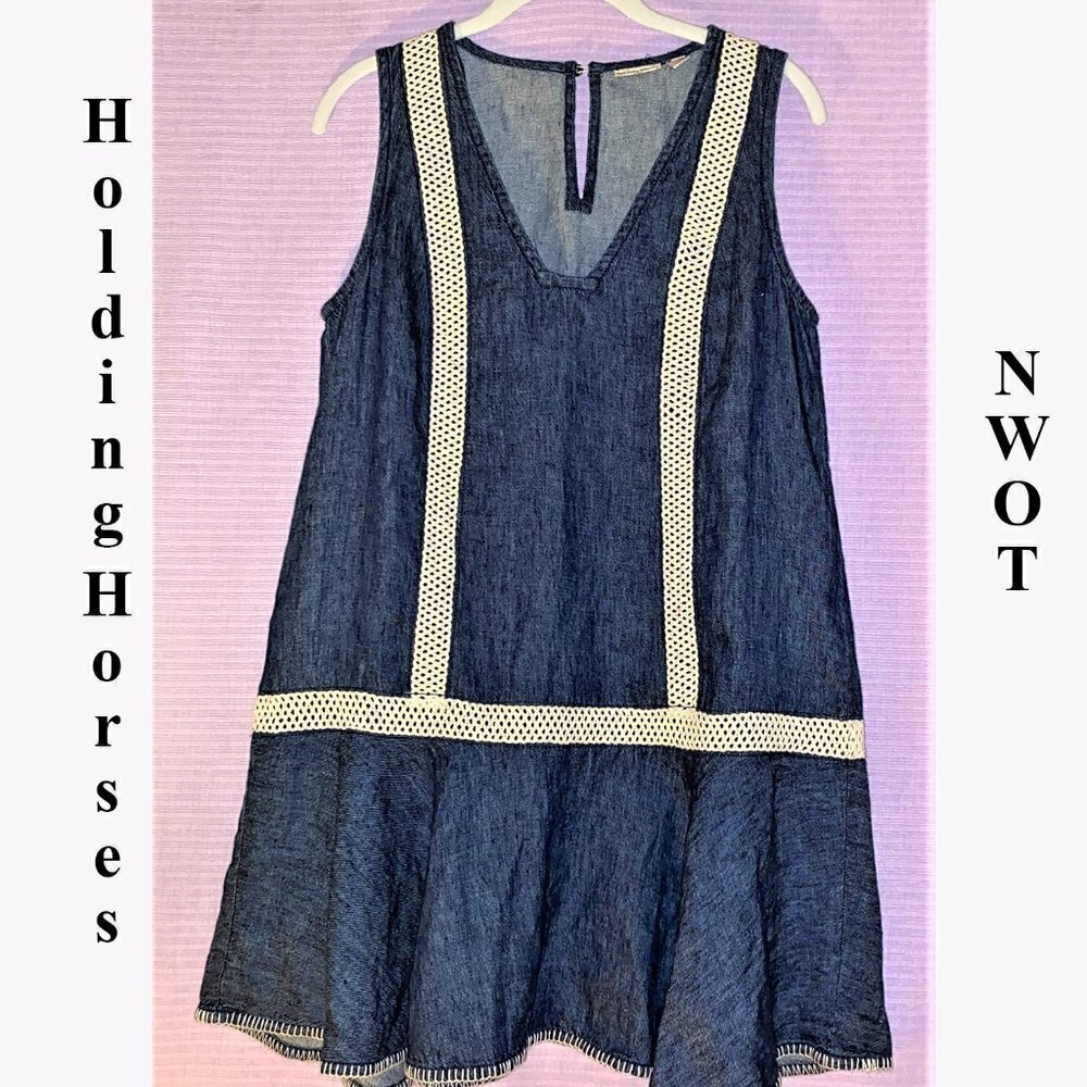 New Without Tags Holding Horses Denim Sleeveless Lace Mini Dress Blue Je…